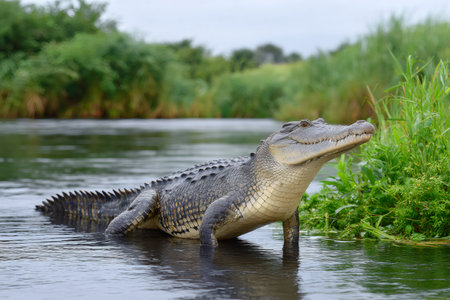 Crocodile standing in shallow river water near green foliage showing scales and powerful buildの素材