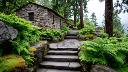 Stone cottage with a winding stone path and staircase through a tranquil, green forestの素材