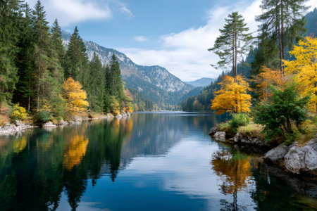 Serene mountain lake reflecting colorful autumn forest and clear blue skyの素材