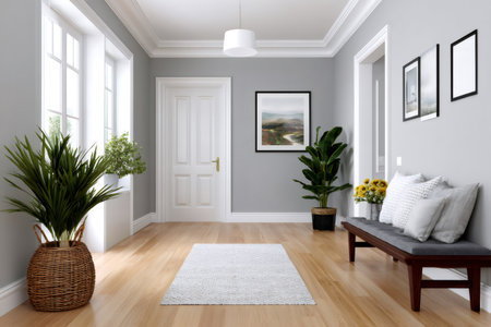 Bright hallway interior displaying contemporary design with plants and wooden floorの素材