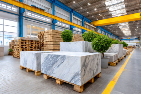 Marble blocks on wooden pallets lining a large industrial warehouse floorの素材