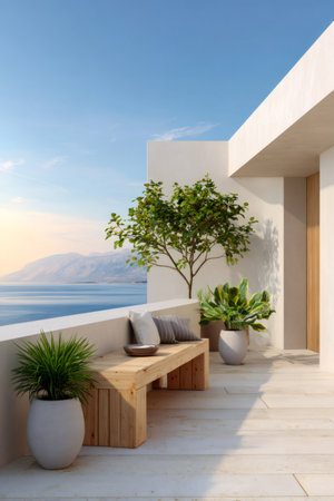 Elegant minimalist balcony featuring a wooden bench, potted plants, and clear sea viewの素材