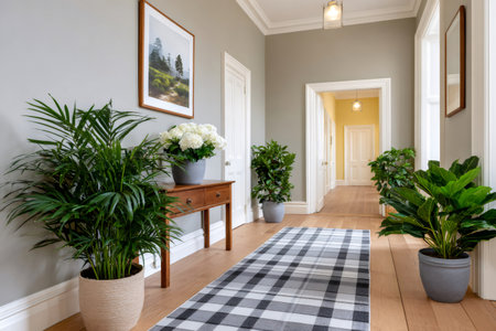 Hallway with wooden floor, tartan rug, various potted plants, and minimalist decorの素材