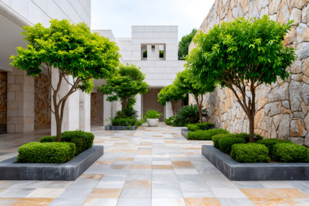 Modern architecture building and tranquil courtyard garden with manicured trees and tiled patioの素材