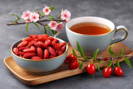 Dried goji berries complimenting a cup of herbal tea, fresh berries, and cherry blossoms on a wooden trayの素材