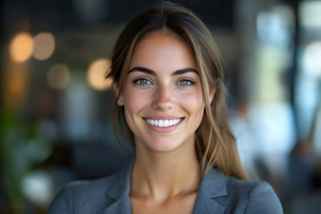Young businesswoman smiling with confidence, looking at camera in a professional settingの素材