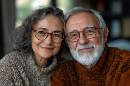 Senior couple smiling at camera, embracing happiness and connectionの素材