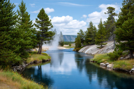 Firehole River flowing past a steaming geyser and pine trees under a cloudy skyの素材