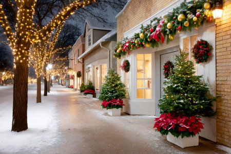 Snowy street showing decorated buildings and trees glowing with festive lightsの素材