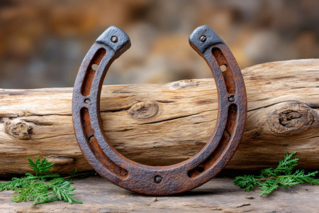 Rustic old horseshoe bringing good fortune and luck on weathered wooden surfaceの素材