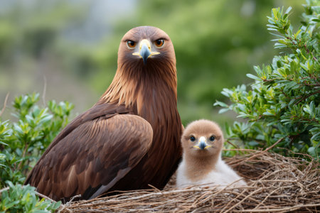 Golden Eagle standing beside a fluffy chick in a nest, representing family and careの素材