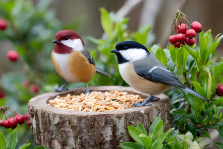 Two colorful tit birds enjoying seeds on a log bird feeder in a gardenの素材