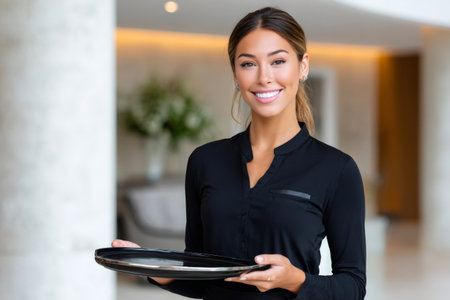 Young woman smiling, working in hospitality, holding a trayの素材