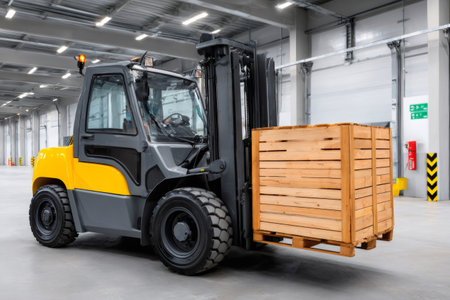 Forklift lifting a large wooden crate on a pallet inside a modern industrial warehouseの素材