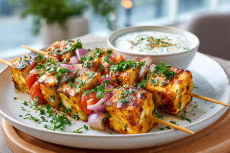 Indian paneer tikka skewers with vegetables and herbs, served with a spiced yogurt dipの素材