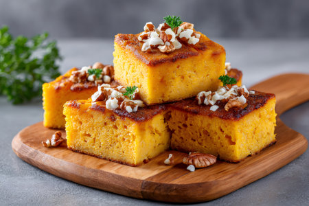 Pieces of homemade cornbread with toasted pecans and fresh parsley on a wooden boardの素材