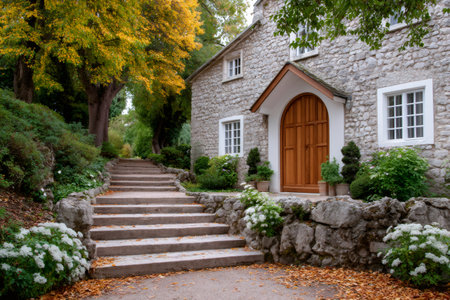 Rustic stone cottage with autumn leaves, steps leading up a garden pathの素材
