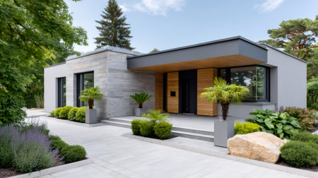 Modern luxury house featuring stone and wood facade, integrated with landscaping and pathwayの素材