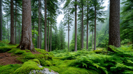 Forest floor covered in vibrant green moss and ferns with towering pine treesの素材