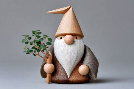 Wooden gnome figurine dressed in natural tones holding a small eucalyptus sproutの素材