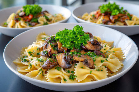 Italian Farfalle pasta serving with sautÃ©ed mushrooms and fresh parsley in white bowlsの素材