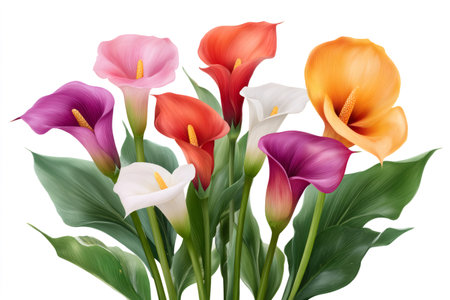 Calla lilies displaying a vibrant bouquet of multicolored blooms and green foliageの素材