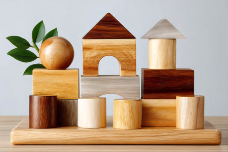 Stacked wooden toy blocks forming abstract buildings with a fresh green leafの素材