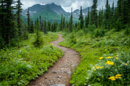 Hiking path winding through lush green forest with mountains and cloudy skyの素材
