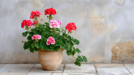 Geraniums blooming in a terracotta pot near an old stone wall and tiled patioの素材