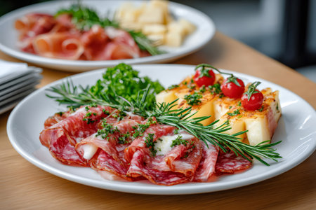 Salami and cheese appetizer plate arranging prosciutto, rosemary, parsley, and cherry tomatoesの素材