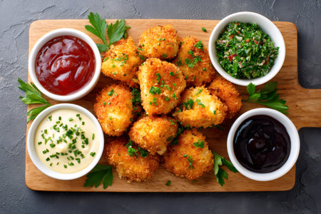 Fried cauliflower nuggets with ketchup, mayonnaise, barbecue sauce, and green herb dip on a wooden boardの素材