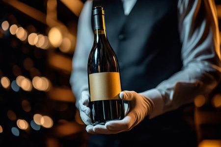 Sommelier hands in white gloves offering a bottle of premium wine for serviceの素材