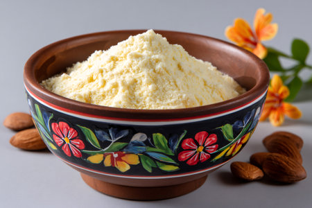 Almond flour in a decorative bowl with raw almonds and blooming flowersの素材