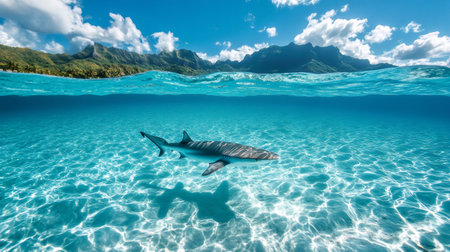 Blacktip reef shark swimming underwater near a tropical island with mountains and blue skyの素材