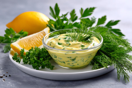 Tartar sauce in a glass bowl with dill, parsley, and lemon on a white plateの素材