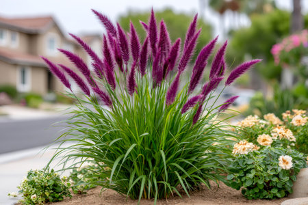 Purple fountain grass growing in a residential garden bed along a suburban streetの素材