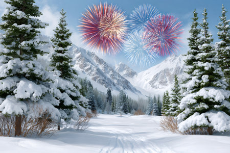 Fireworks are exploding over a snowy mountain valley with pine trees and a ski trailの素材