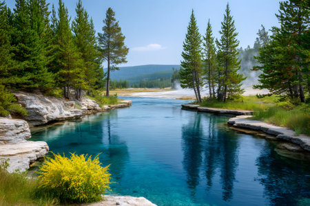 Turquoise river winding through a Yellowstone geyser basin with pine trees and steamの素材
