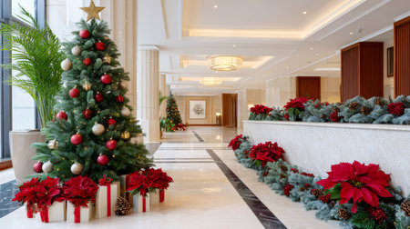 Luxury hotel lobby decorated with Christmas tree, poinsettias, and garlands for holidaysの素材
