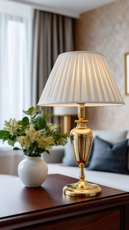 Elegant table lamp and flower vase decorating a cozy modern bedroom interiorの素材