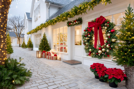 Holiday decorations illuminating white house exterior with wreath, garlands, and potted treesの素材