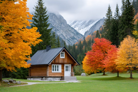 Wooden cabin standing in a green field surrounded by colorful trees and snow-capped mountainsの素材