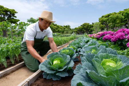Farmer in work clothes and hat cultivating fresh cabbage plants in a sunny outdoor settingの素材