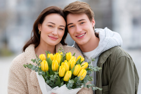 Young couple smiling, holding a bouquet of yellow tulips, symbolizing joy and romanceの素材