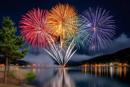 Vibrant fireworks bursting in the night sky reflecting on a calm lake, surrounded by trees and mountainsの素材