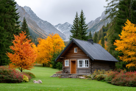 Wooden log cabin nestled in an alpine valley surrounded by colorful autumn trees and snow-capped peaksの素材