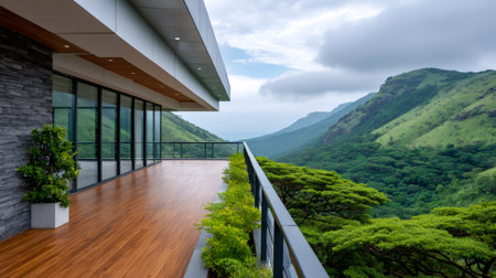 Balcony of a contemporary building overlooking a lush green valley and mountainsの素材