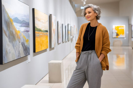 Smiling woman admiring paintings in a bright art museum, experiencing culture and contemplationの素材