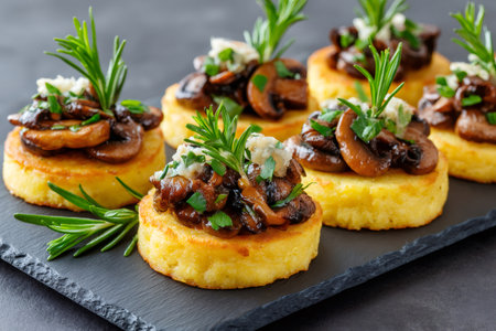Polenta bites topping sautÃ©ed mushrooms, fresh rosemary, and blue cheese on a slate plateの素材