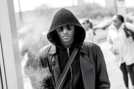 Man in a black hoodie and leather jacket looking serious on an urban streetの素材